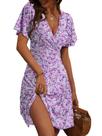 Vestido FENSACE Floral Roxo de Manga Curta para Verão, Tamanho Grande