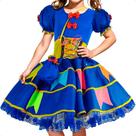 Vestido Festa Junina Infantil Luxo Azul Royal Com Bandeirinhas e Bolsa