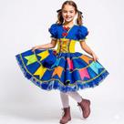 Vestido Festa Junina Infantil Luxo Azul Royal Com Bandeirinhas e Bolsa