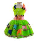 Vestido Festa Junina Infantil Luxo Verde Neon Com Bandeirinhas e Bolsa