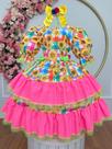 Vestido Festa Junina Infantil Rosa Chiclete Xadrez Girassol Junino Caipira Quadrilha Sinhá Rodado