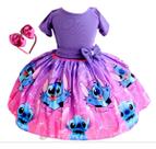Vestido Festa Luxo Infantil Meninas Stitch Roxo Tiara Fofo