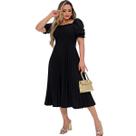 Vestido Festa Midi Plissado Laço Manga Bufante Elegante
