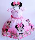 Vestido Festa Temática Infantil Minnie Rosa Luxo E Tiara