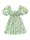 Vestido Floerns com estampa floral, manga folhada, gola quadrada, verde/branco Vestido Floerns com estampa floral, manga folhada, gola quadrada, verde/branco