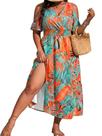 Vestido Floerns com estampa tropical, ombro frio, decote em V, tamanho plus size