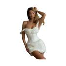Vestido Floral 3D Feminino Com Decote Canoa, Detalhes De Espinha De Peixe Falsa, Zíper E Patchwork,