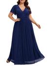 Vestido formal Ever-Pretty Glitter em linha A com decote em V azul marinho