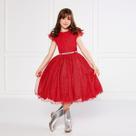Vestido Glitter Vermelho Manga Godê De Festa Infantil Rodado