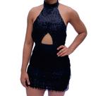 Vestido Gola Alta de Paetê com Franja - Tamanho Único