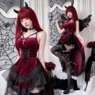Vestido Gótico Escuro Sexy Com Renda E Alças Para Halloween, Cosplay De Bruxa, Demônio, Vampiro,