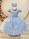 Vestido Infantil Azul com Busto de Renda e Apliques de Borboletas para Daminhas