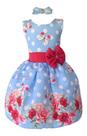 Vestido Infantil Azul E Laço Rosa C/ Poa Branco Floral