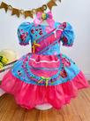 Vestido Infantil Azul Rosa Pink Festa Junina Junino Caipira Quadrilha Laço Floral Rodado Juvenil