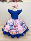 Vestido Infantil Azul Royal Lilo Stitch e Angel Festas Luxo