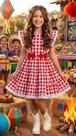 Vestido Infantil Banana Club Aline Xadrez Vermelho para Festas Juninas