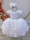 Vestido Infantil Branco Poá com Cinto de Strass e Pérolas