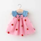 Vestido Infantil de Verão - Saia Jeans com Bordado de Morango