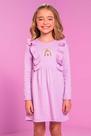 Vestido Infantil em Malha Waffle Trabalhada Babados e Arco-Íris Bordado - Kukie Vestido Infantil em Malha Waffle Trabalhada Babados e Arco-Íris Bordado - Kukie