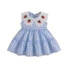 Vestido Infantil Estilo Coreano Com Bordado De Morango Vermelho, Vestido Xadrez Sem Mangas Para Vestido Infantil Estilo Coreano Com Bordado De Morango Vermelho, Vestido Xadrez Sem Mangas Para