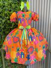 Vestido Infantil Festa Junina Laranja Coral Estampa Coração Junino Caipira Quadrilha Sinhá São João