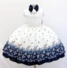 Vestido Infantil Floral Azul Marinho Luxo E Tiara