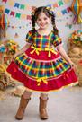 Vestido Infantil Junino Caipira Vermelho Xadrez Colorido com Laços Decorativos
