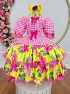 Vestido Infantil Junino Caipira Xadrez Rosa e Amarelo com Estampa Floral
