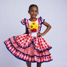 Vestido Infantil Junino Vaso Flor Xadrez Vermelho Fita Cetim Azul Muvile Tamanho:14 anos