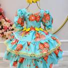 Vestido Infantil Junino Verde Florido C/ Aplique de Laços (3435VT)