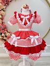 Vestido Infantil Junino Vermelho Xadrez Com Babados Luxo