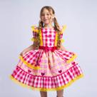 Vestido Infantil Junino Xadrez Pink Renda Amarela e Corações Muvile Tamanho:2 anos