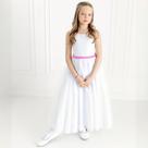 Vestido Infantil Longo Branco com Tule e Cinto Rosa Chiclete Daminha Casamento Festa Florista REF4193 Vestido Infantil Longo Branco com Tule e Cinto Rosa Chiclete Daminha Casamento Festa Florista REF4193