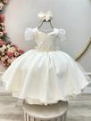 Vestido Infantil Marfim com Renda e Cinto de Pérolas para Festas