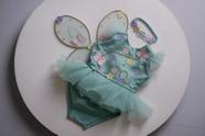 Vestido infantil menina kit 3 peças romper jardim encantado + faixa + asa borboleta mesversario