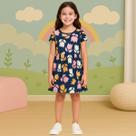 Vestido Infantil Menina Meia Malha Floral Azul Marinho Confortavel Moderno Brandili 26670