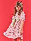 Vestido Infantil Menina Strawberry Com Pompom Off White E Verde Cinti Vestido Infantil Menina Strawberry Com Pompom Off White E Verde Cinti
