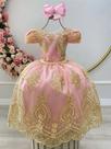 Vestido Infantil Rosa com Renda Dourada e Pérolas - Realeza
