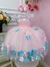Vestido Infantil Rosa Plissado Aplique Flores Borboleta luxo