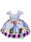Vestido Infantil Sofia Lilás Bolinhas Princesa Cinto Pérolas