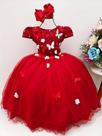 Vestido Infantil Vermelho com Renda e Aplique de Flores e Borboletas