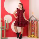 Vestido Infantil Xadrez Grande Preto Com Vermelho