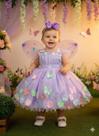 Vestido Jardim Encantado Isis Luxinho Lilas com apliques de flores e borboletas Marie