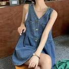Vestido Jeans Feminino De Verão Sem Mangas Estilo Coreano Solto Evasê Mini Com Bolsos E Abotoamento
