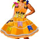 Vestido Junino Adulto Plus Size Rodado Laranja Com Bandeirinhas Super Luxo Feminino Com Bolsa