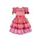 Vestido Junino Bambolê Floral Com Calção Vermelho e Rosa