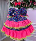 Vestido Junino Infantil Azul Pink Luxo Bandeirinha do Amor - Festa Junina