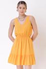 Vestido laranja elástico franzido c/ cut out det. miçangas lateral viscose jacquard forro