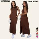 Vestido Longo Blogueira Feminino Cavado Conforto 100 Algodão,Macio com Bolsos,Fenda na Lateral