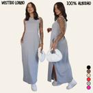 Vestido Longo Blogueira Feminino Cavado Conforto 100 Algodão,Macio com Bolsos,Fenda na Lateral